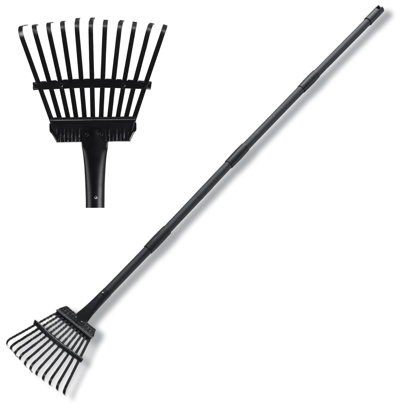 Heavy Duty Metal Hand Rake with Adjustable Handle for Garden, Leaves, and Debris