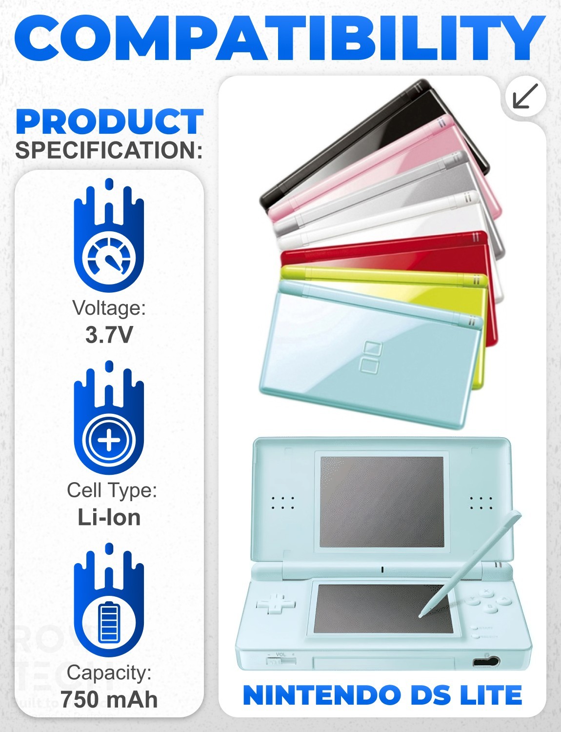 Replacement Internal Rechargeable Battery for Nintendo DS Lite NDSL Handheld