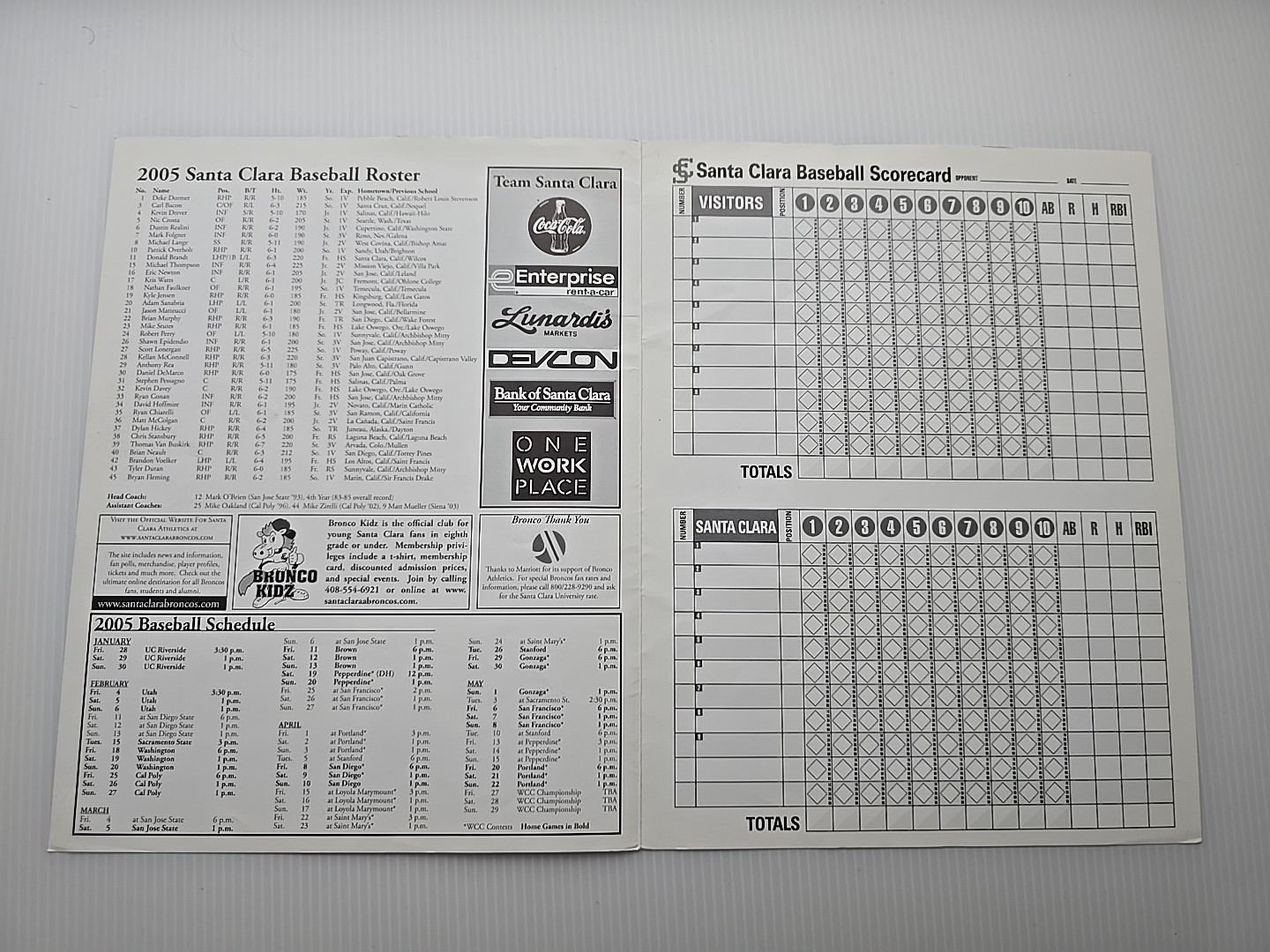 Santa Clara University Broncos Baseball 2003 + 2005 Programs with Autographs SCU