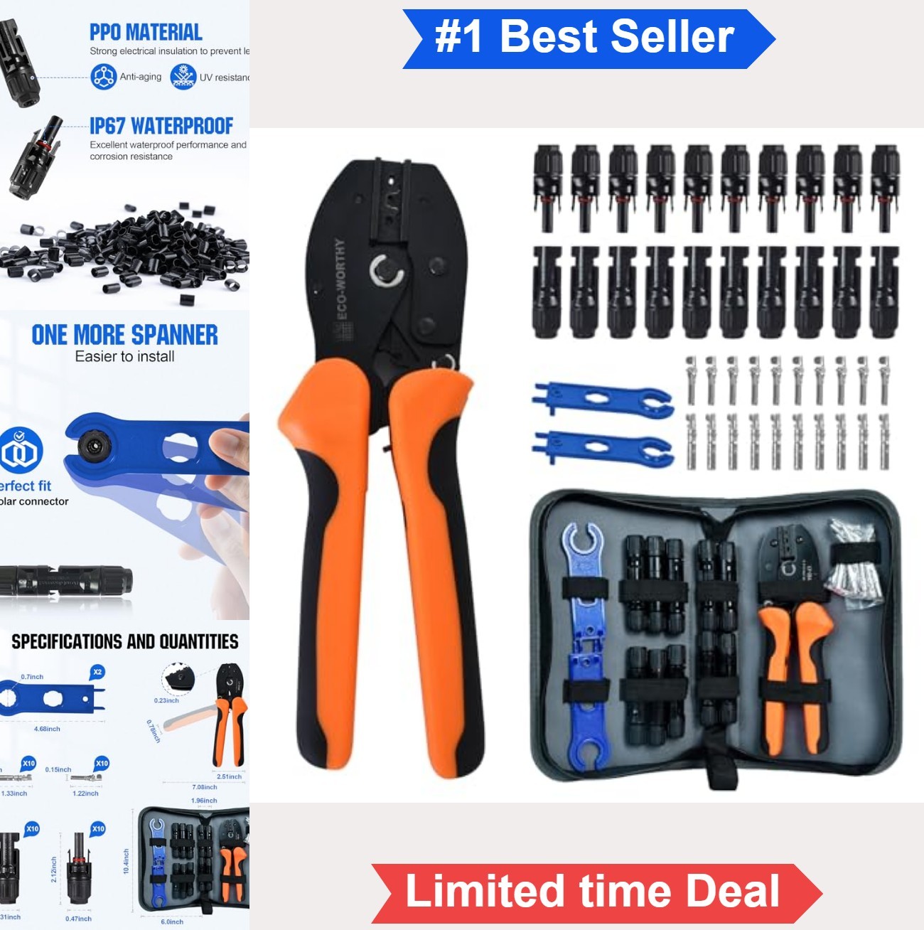 Solar Crimper Tool Kit 13 Piece with 10 Pairs Connectors Spanner Wrench for