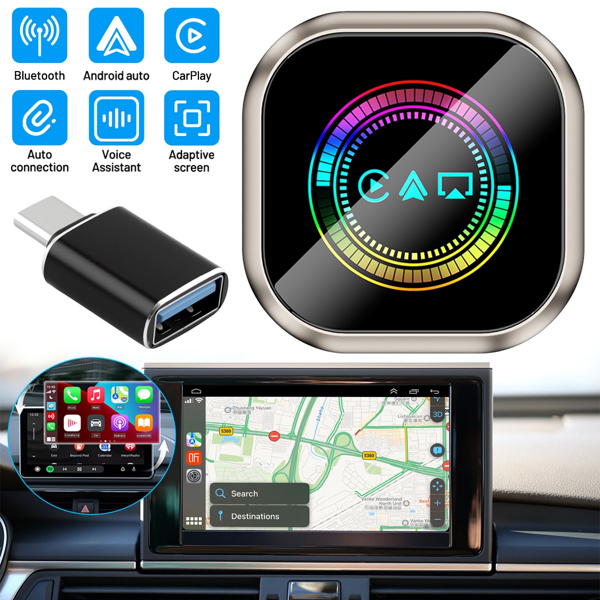 4-in-1 Wireless CarPlay Adapter for Apple CarPlay Android Auto AirPlay Mini