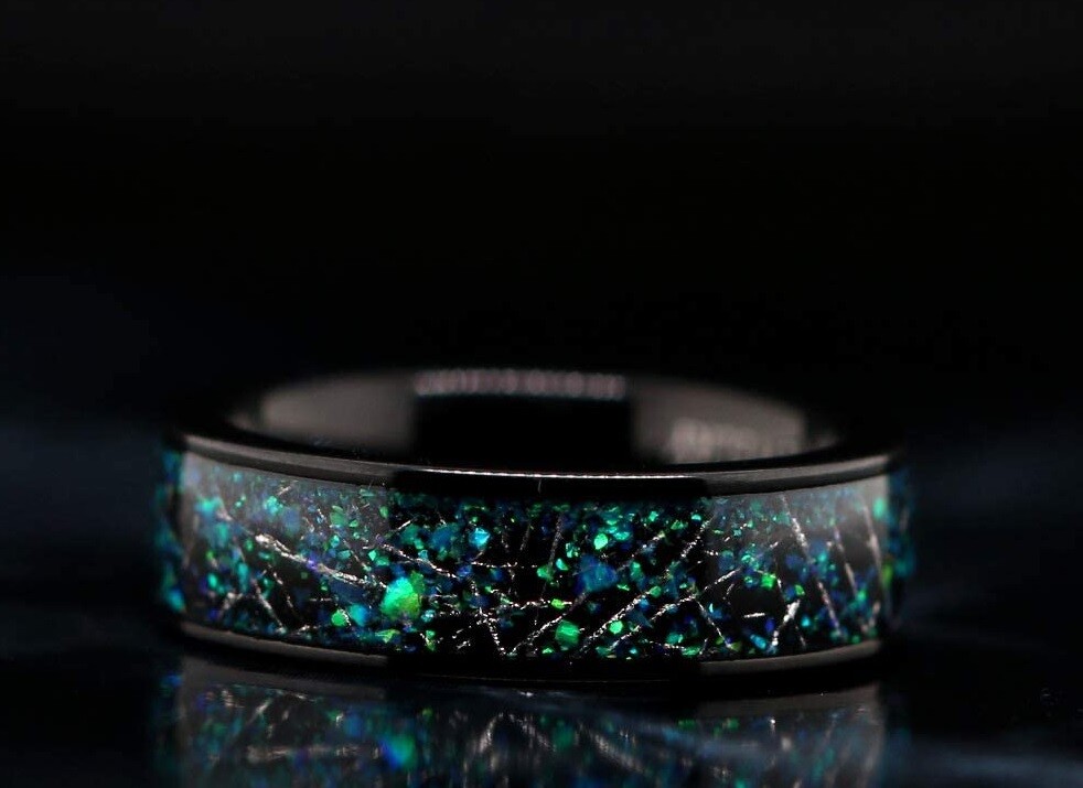 Opal Wedding Ring Meteorite Wedding Band