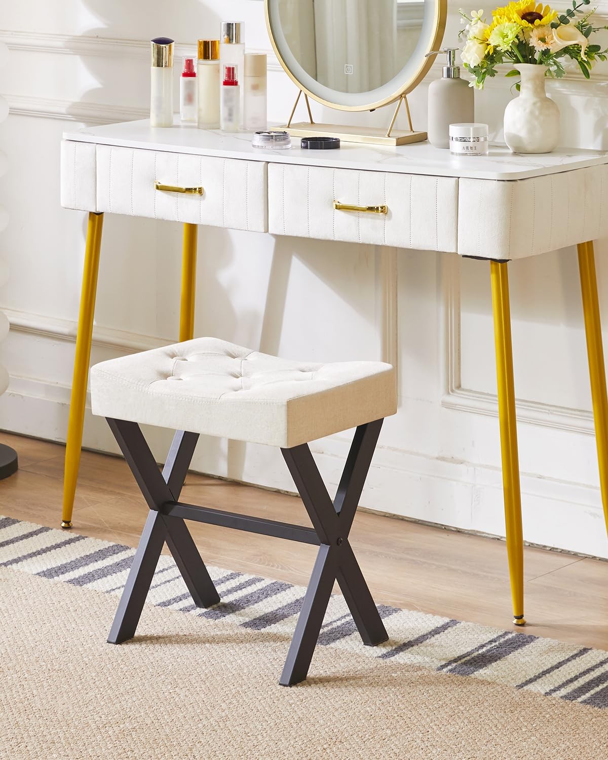 Linen U-Shaped Vanity Stool Square Makeup Chair with Metal X-Leg Ottoman