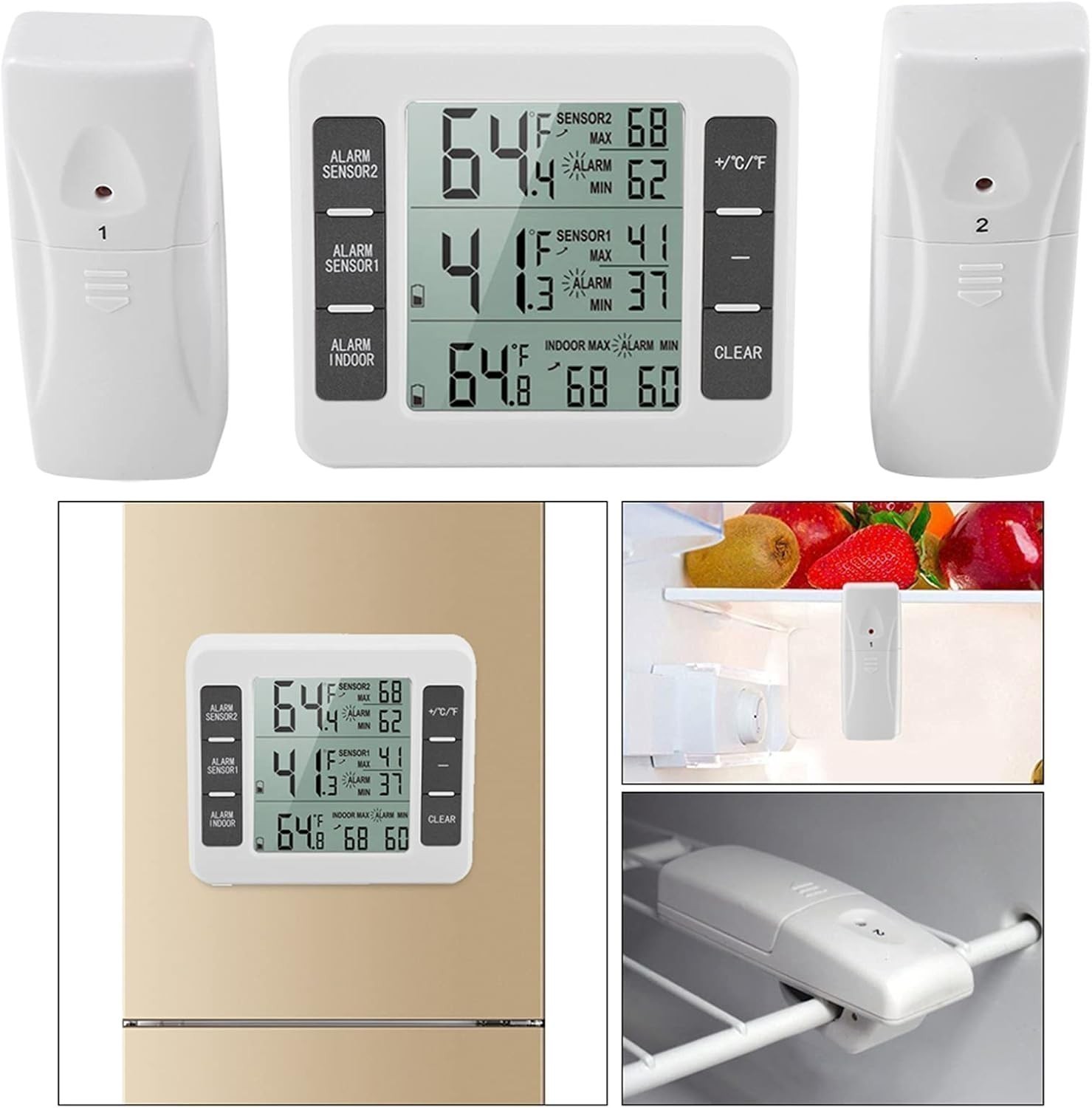 Wireless Digital Refrigerator Fridge Freezer Thermometer Temp Alarm Dual Sensor