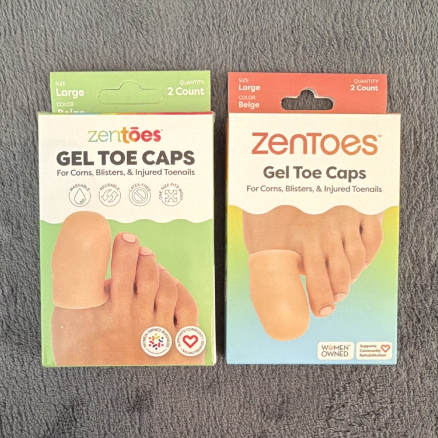 2 ZenToes Gel Toe Caps Large Beige 2 Count for Corns, Blisters, Injured Toenails