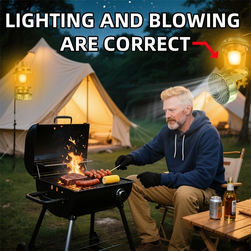 Solar Fan Lantern for Camping, Rechargeable Multi-Functional Light Hook