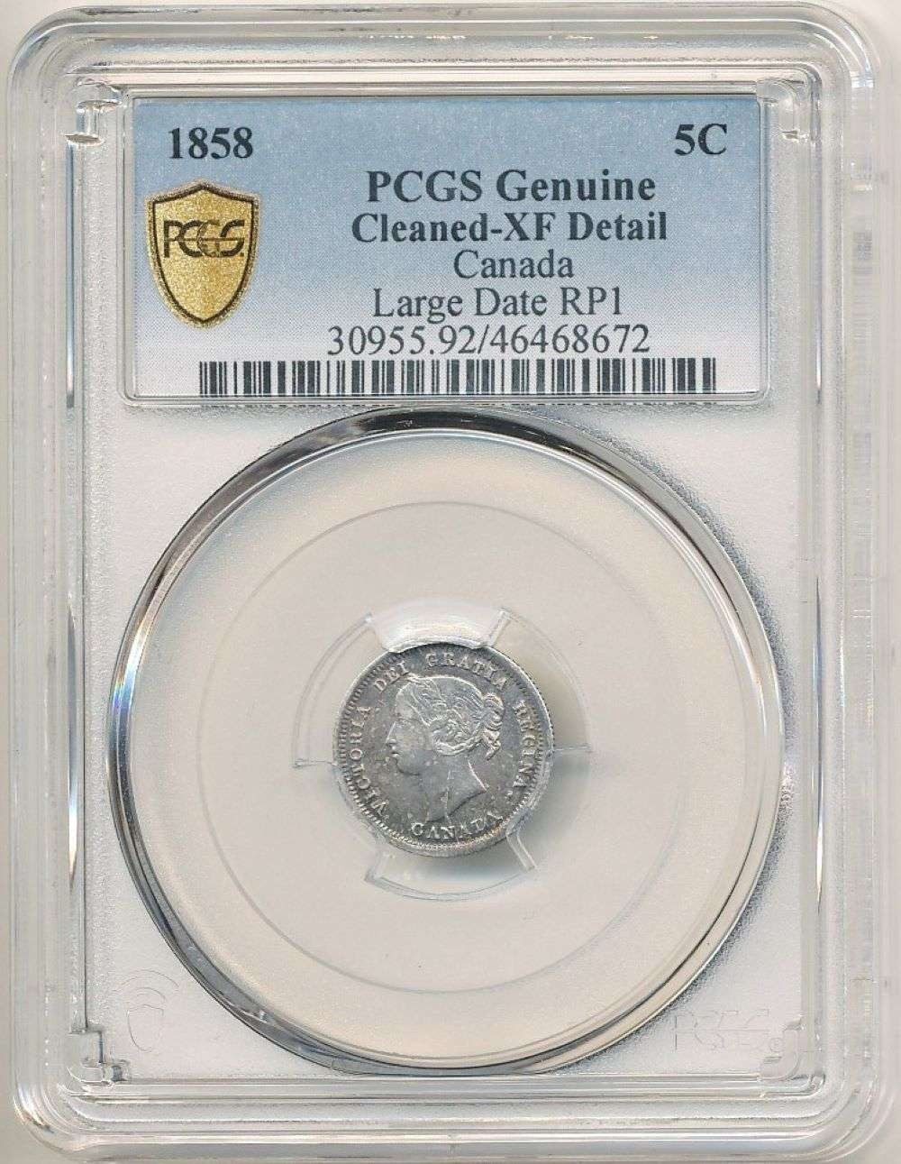 1858 Large Date RP1, Bank Of Canada 5 Cents, 5C, PCGS XF Detail, Victoria