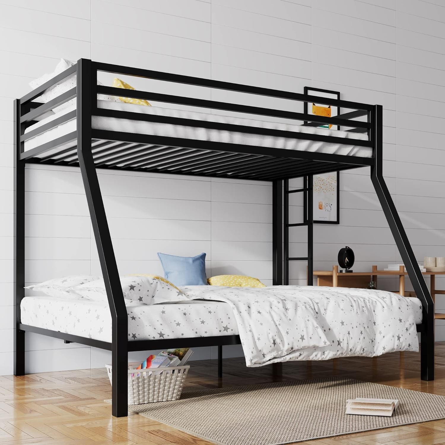 SHA CERLIN Loft Bunk Bed Twin Over Full Size Metal Black