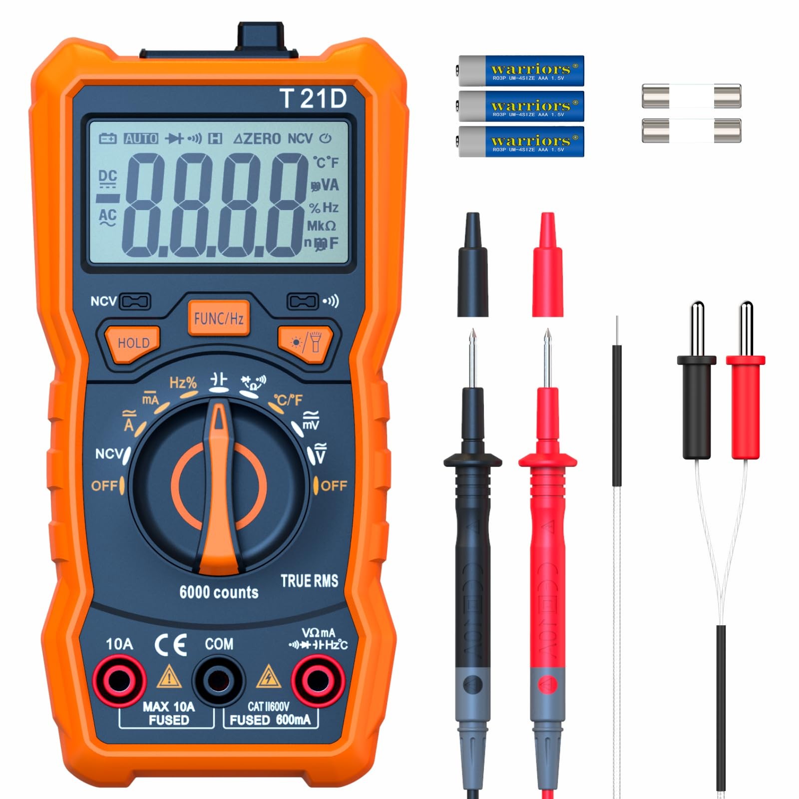 Auto-Ranging Digital Multimeter, TRMS 6000 Counts AC DC Orange and black