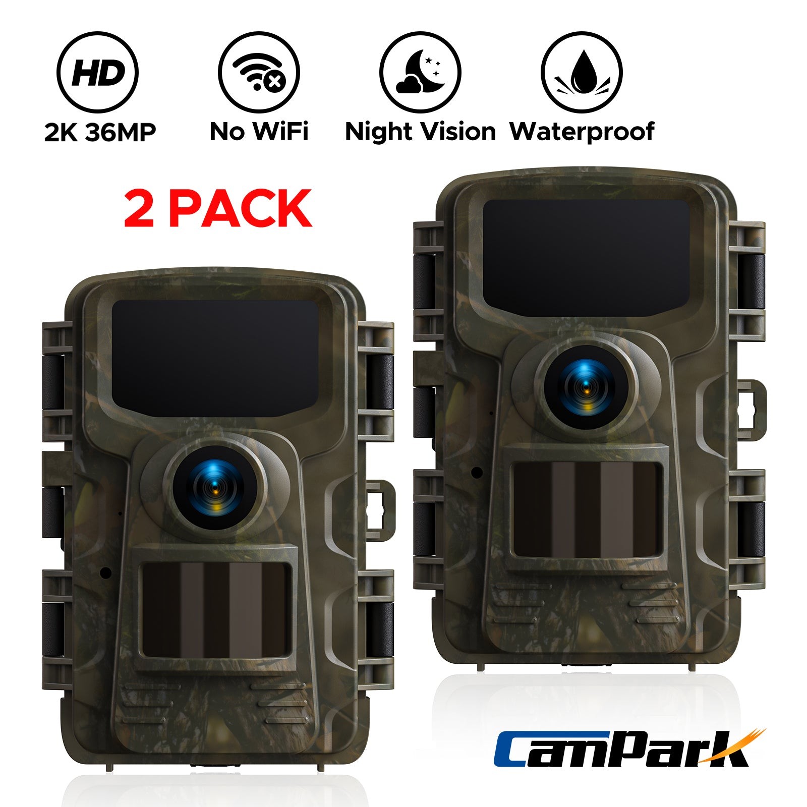 2PACK Trail Camera 2K 36MP Wildlife Hunting Game Camera NO WIFI 850NM IP66
