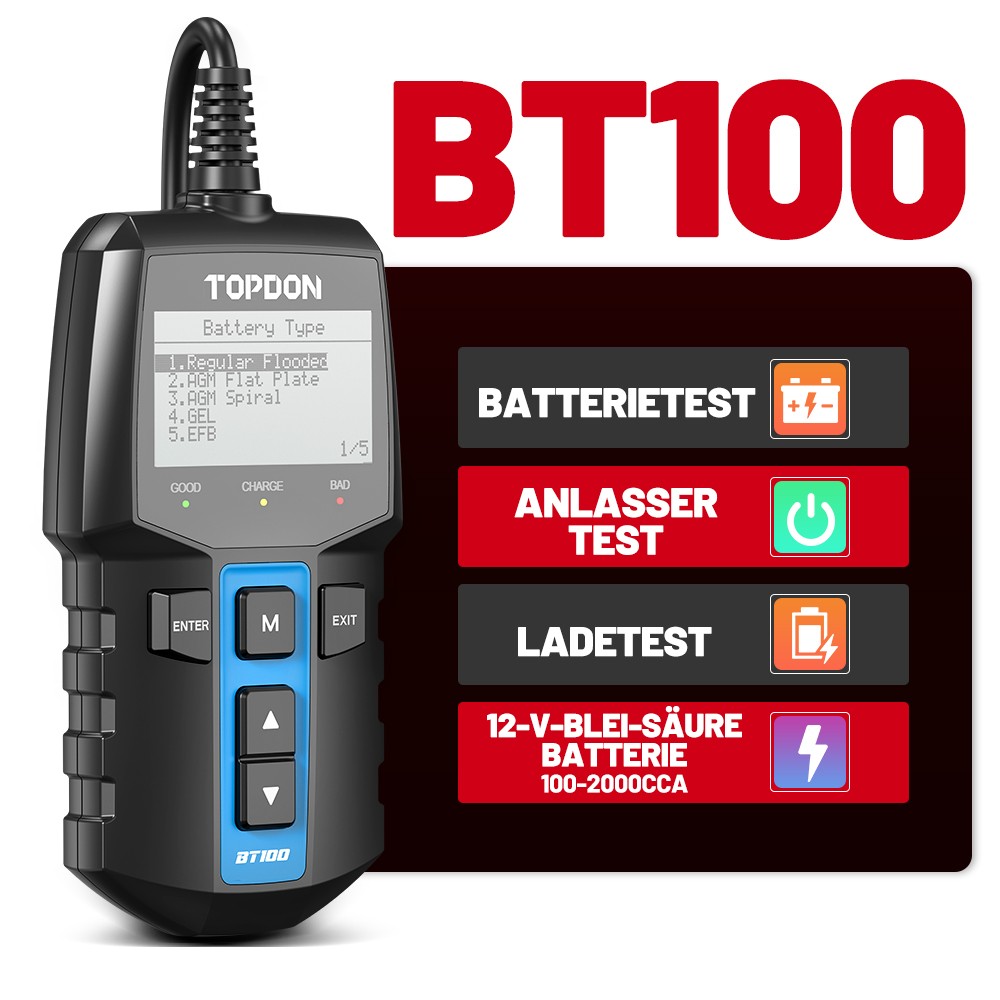 TOPDON BT100 12V Battery Tester Cranking Charging Alternator for Car Truck Boat