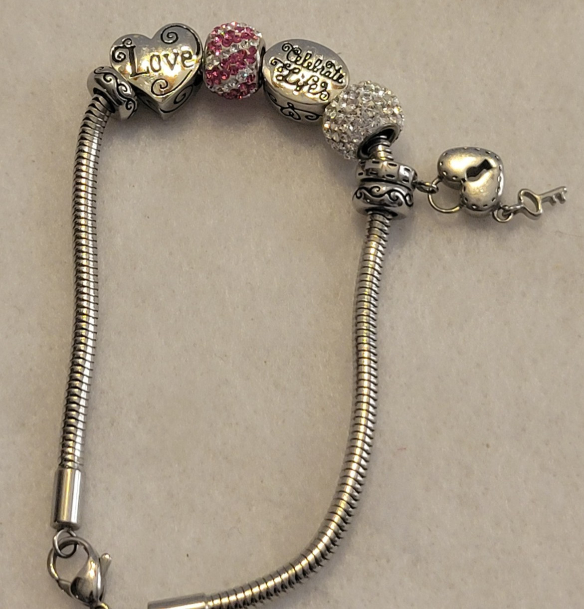 Stainless Steel Bracelet Love Celebrate Life Charm Rhinestone Fashion Jewelry