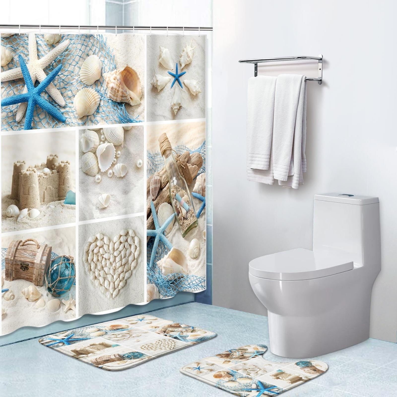 3Pcs Bathroom Set, 72" x 72" Collage Summer Seashells Sea Shell Waterproof Po...