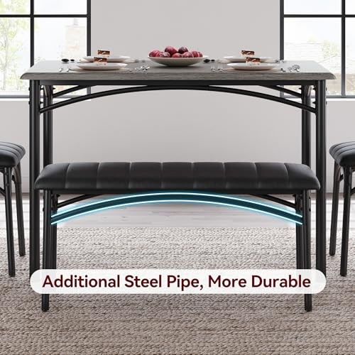 Dining Table Set for 4, Kitchen Table and 2 Chairs with Bench Rustic Gray