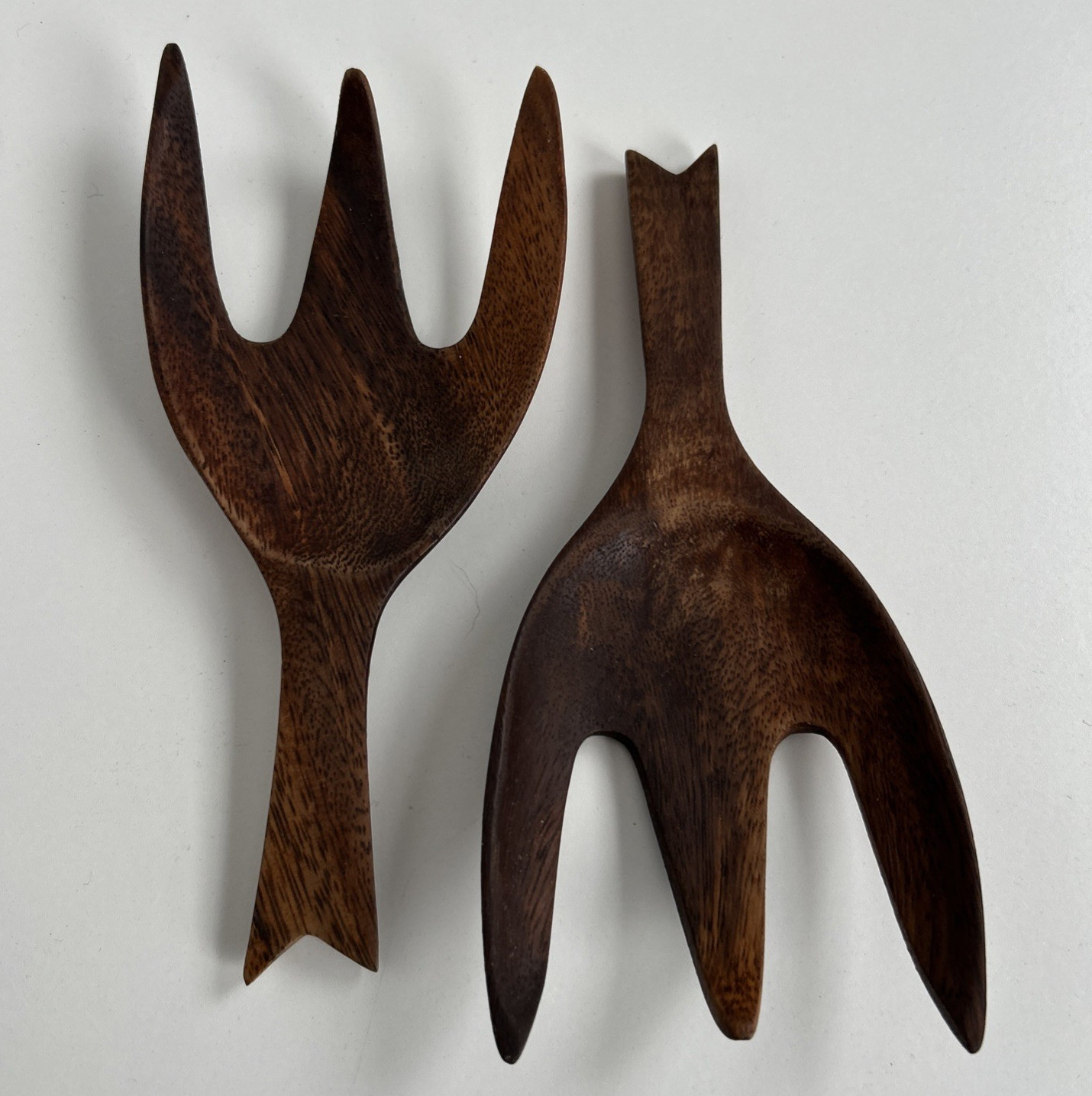 MCM Carved Wood Salad Serving Forks Teak/Acacia Style Sculptural Utensils