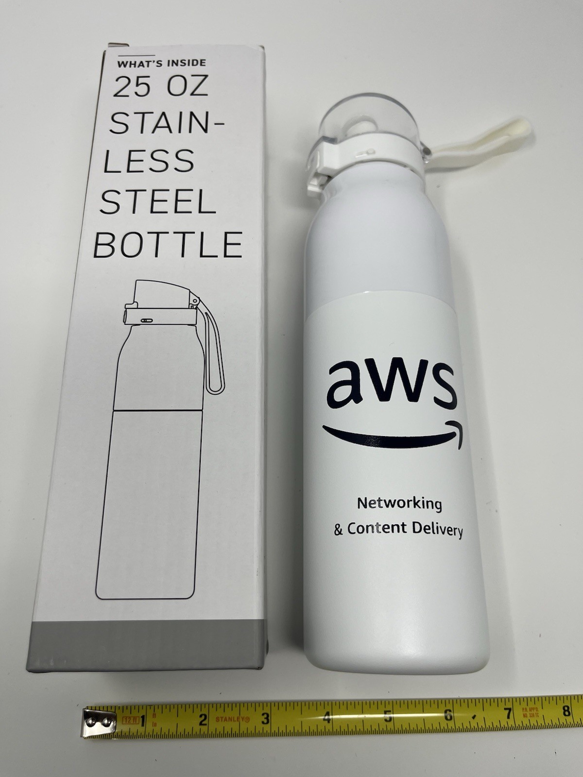 AWS Logo Amazon Water Bottle NEW IN BOX White 25oz Stainless Steel NIB Sipper