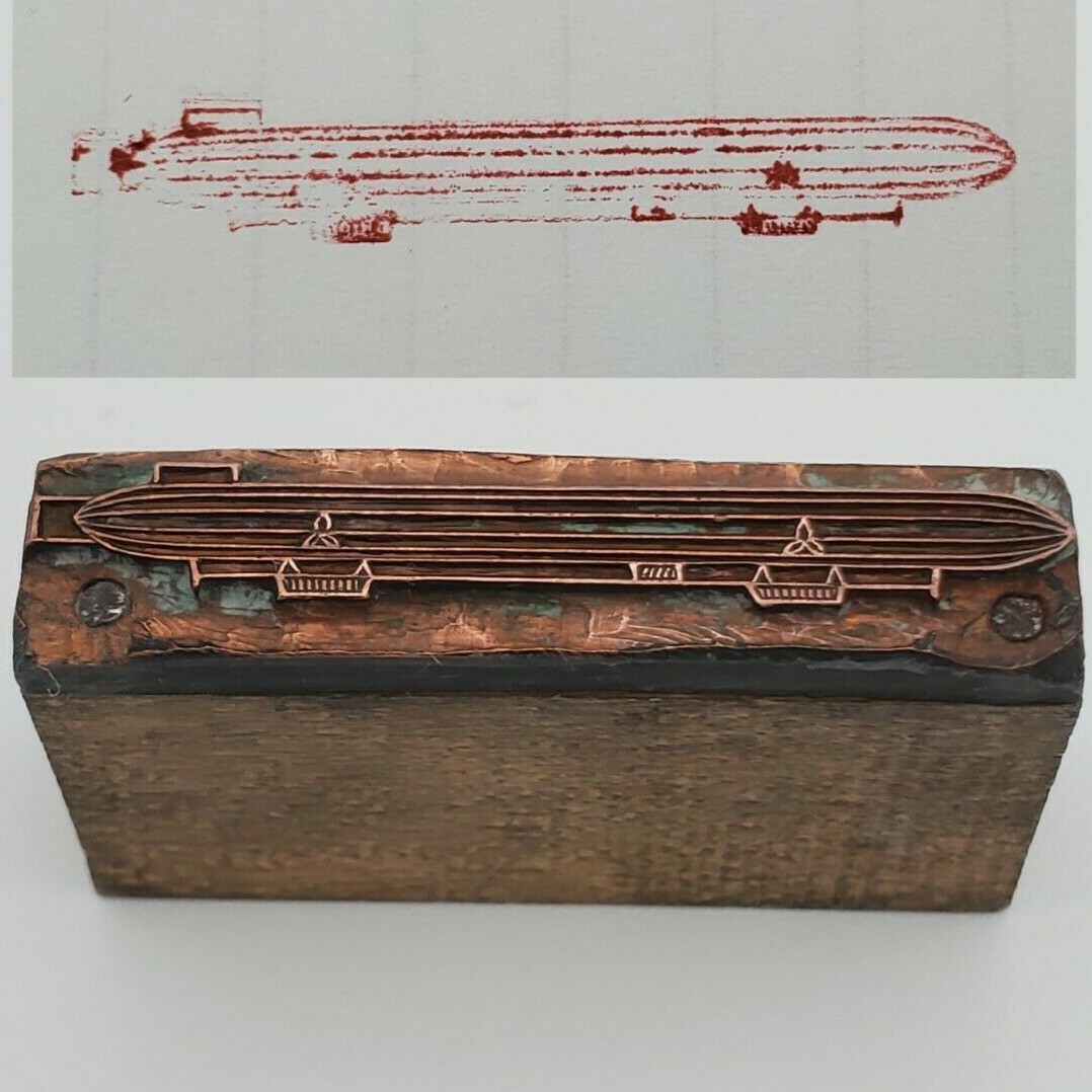 Original WWI Zeppelin Copper Letterpress Printing Block on Wood Airship aviation