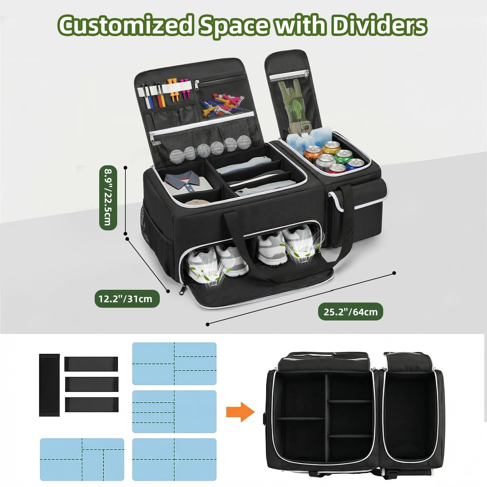 Golf Trunk Organizer, 2-Layer Car Locker with Ventilated Shoe Compartment for 2