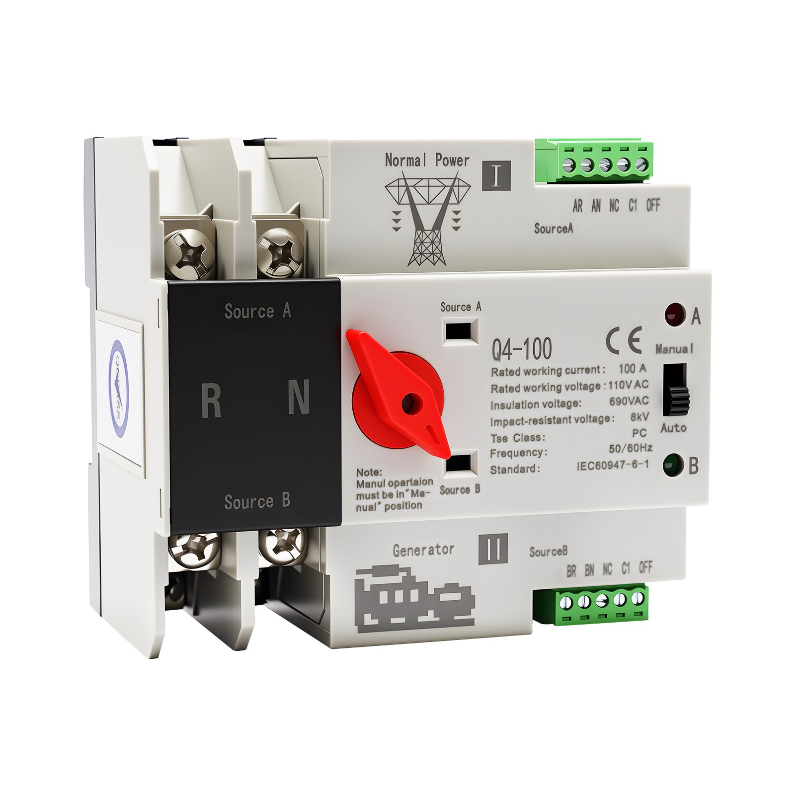 Automatic Transfer Switch 2P 100A Generator Changeover Switch Dual-Power NEW!