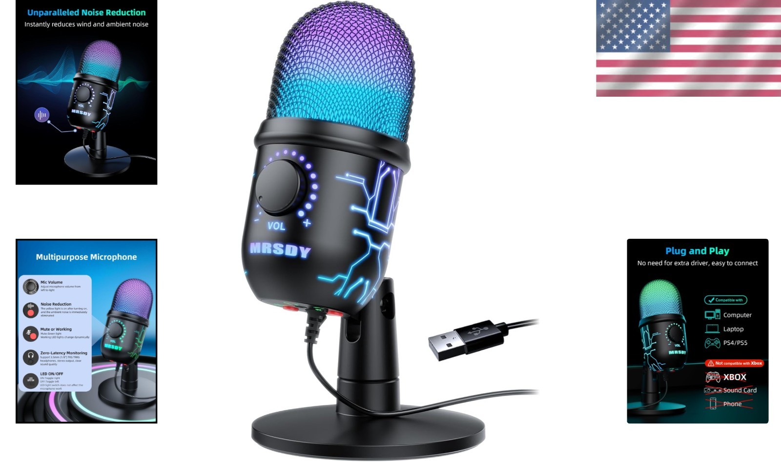 Compact USB RGB Microphone for Gamers & Creators - Easy Mute & Volume Control