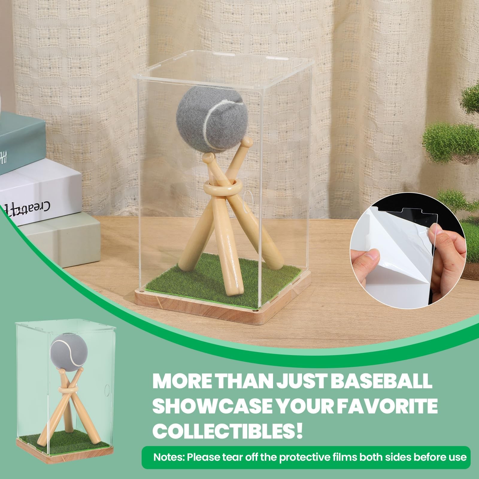 Game Ball Display Case with Baseball Holders for Display, Wooden Base & UV Pr...