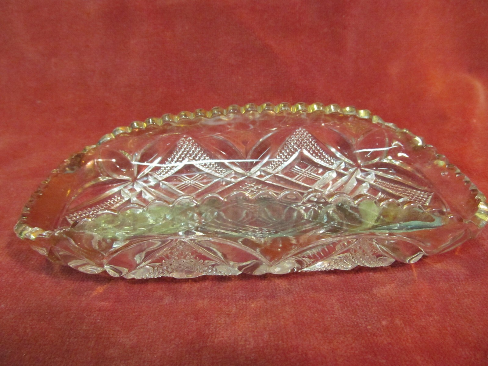 7 3/4" GOLD RIM PRESSED PATTERN GLASS RELISH DISH