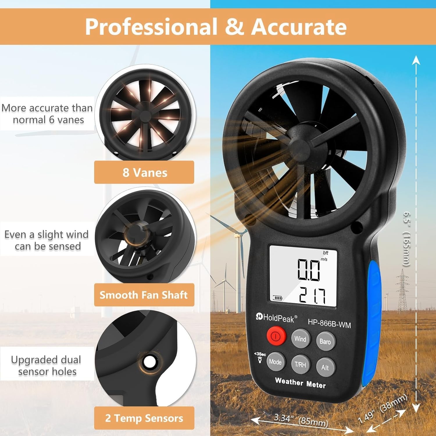 HoldPeak Portable Weather Meter - Handheld Anemometer for Wind & Temperature