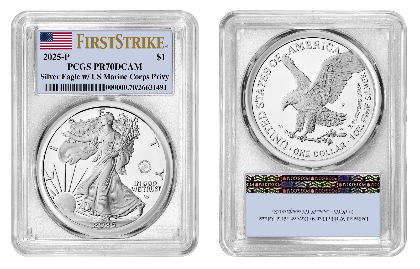 2025-P (PR70) Proof American Silver Eagle U.S. Marine Privy FS First Strike PCGS