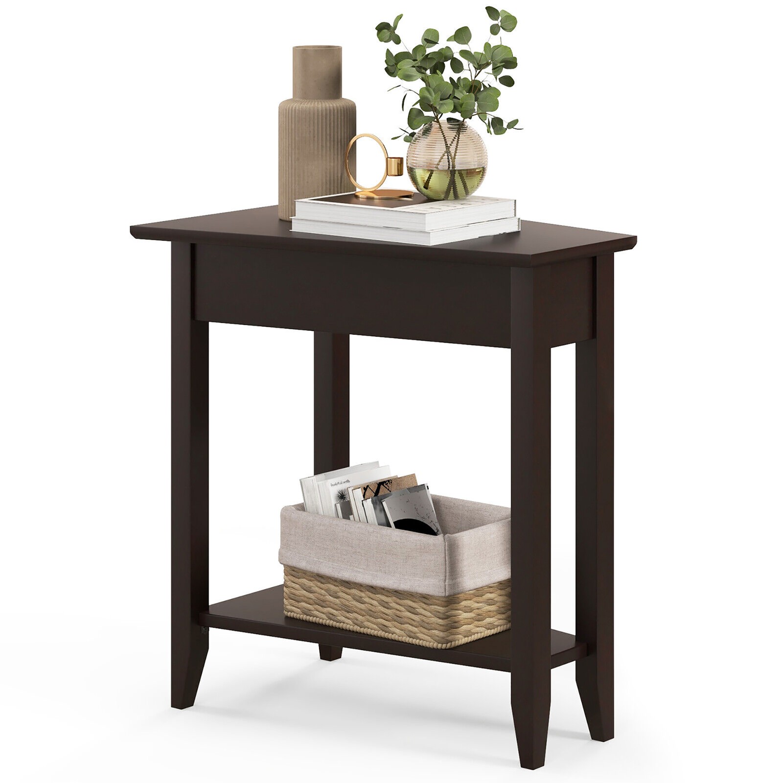 2-Tier End Table Irregular Narrow Sofa Side Nightstand w/ Storage Shelf Espresso