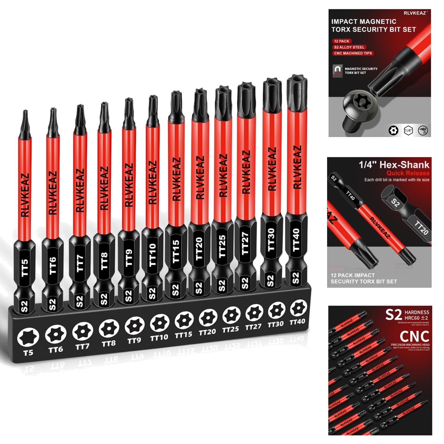 12pc Impact Security Torx Bit Set T5-T40 S2 Steel 3" Tamper Proof Star Bits 1/4"
