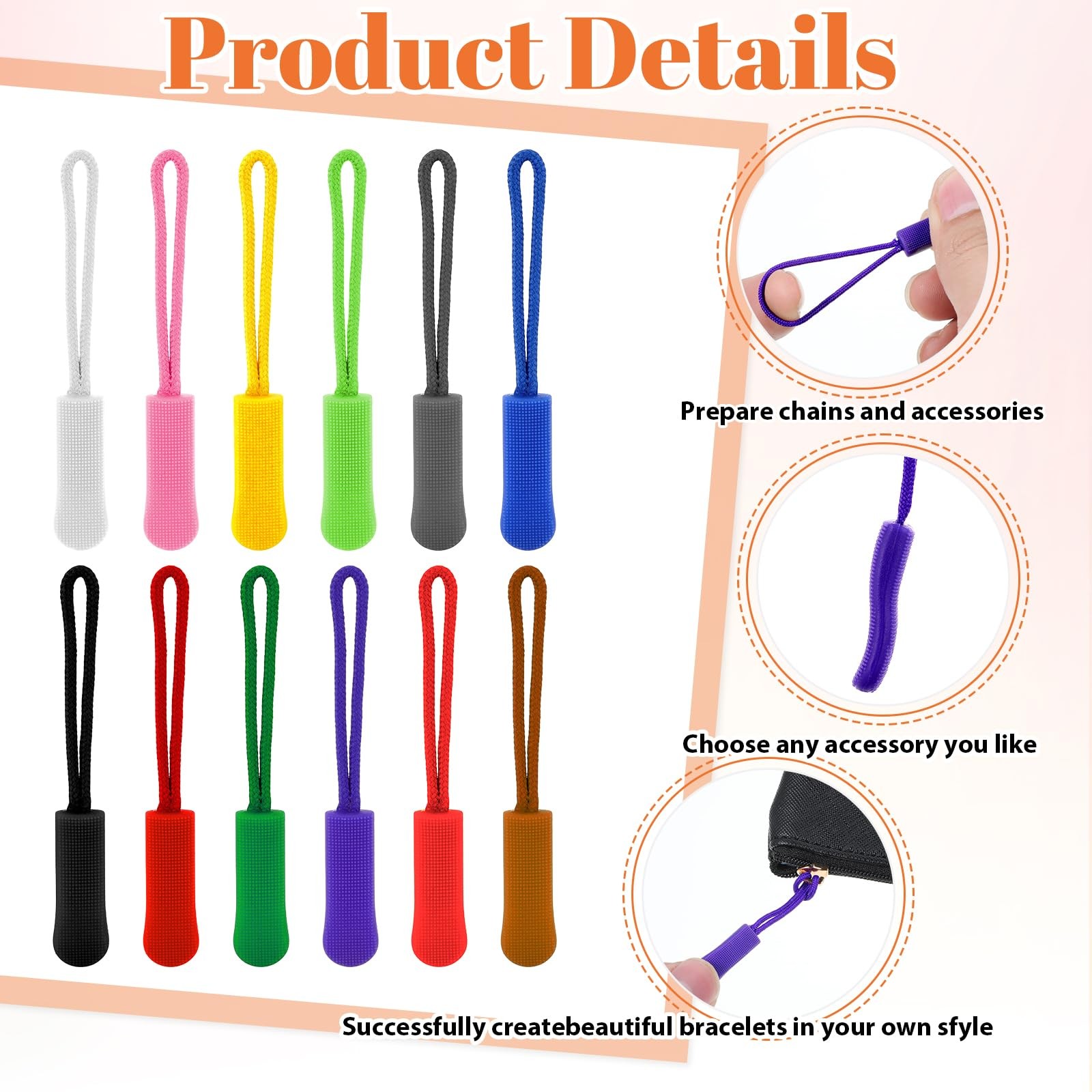 120 Pcs Zipper Pull Replacement, Strong Cord Fixer Zippers Pulls Multicolor