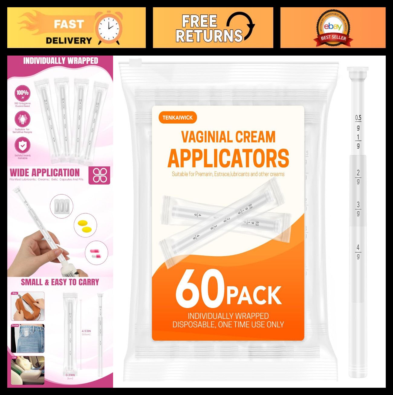 60 Pack Disposable Vaginal Applicators for Lubricants, Creams & Suppositories, S