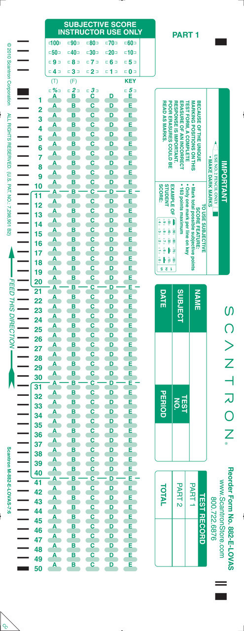 1 Authentic Green Scantron 882-E Testing Test Exam Assessment Form Sheet