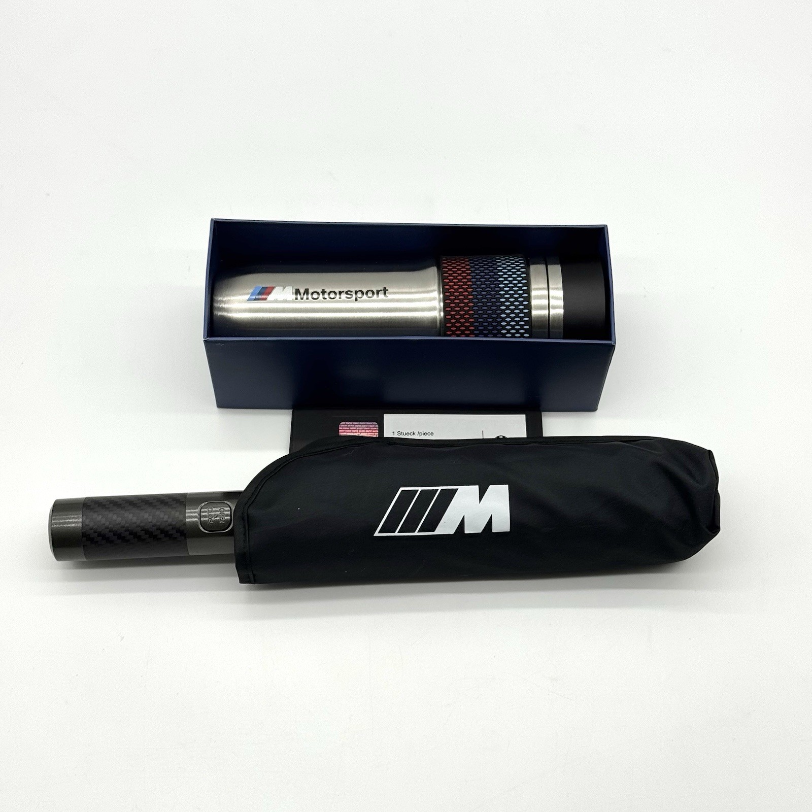 BMW M Motorsport Travel Mug & Compact Automatic Umbrella Bundle Gift Set w/ Box