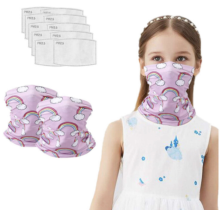 Kids Genovega Filter Bandana Tube Masks Pink W/ Rainbows 2 Pack + 10 Filters
