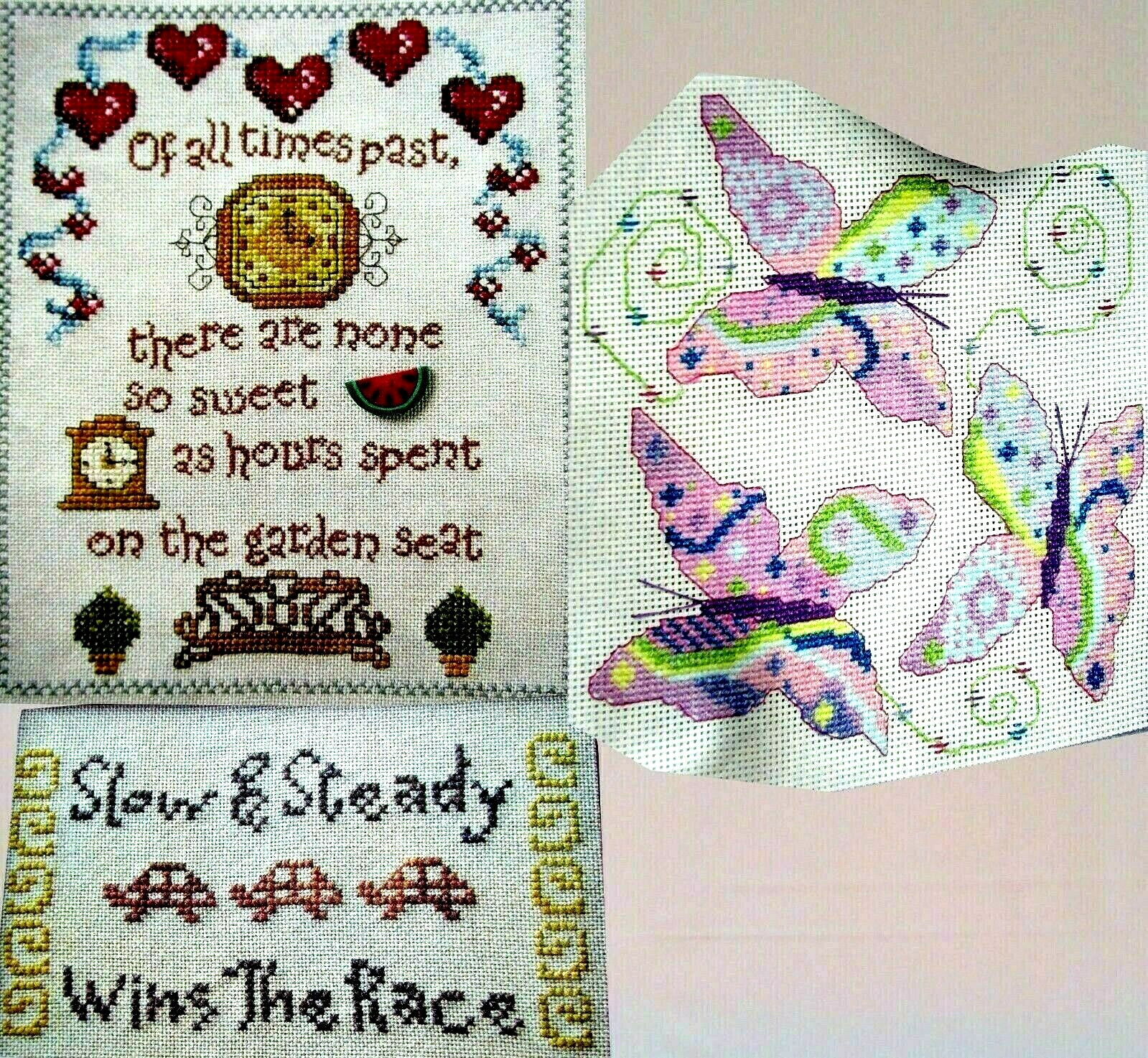 Butterfly Garden Seat Sweet Hours Slow Steady Wins Race CROSS STITCH PATTERNS
