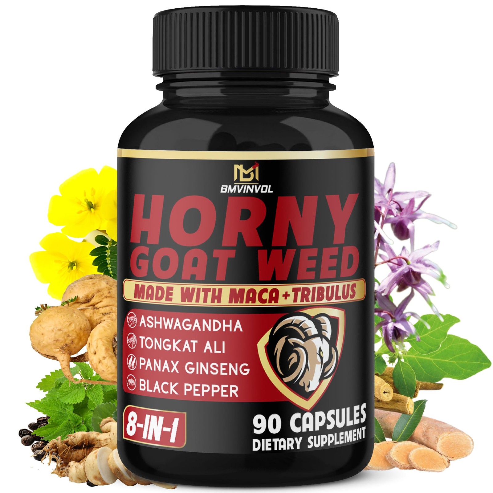BMVINVOL Horny Goat Weed Capsules with Maca, Ginseng, 90 Count (Pack of 1)
