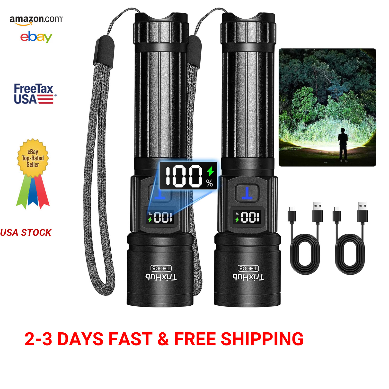 Rechargeable Flashlight 2 Pack, High Lumens LED, 5 Modes Zoomable with LCD