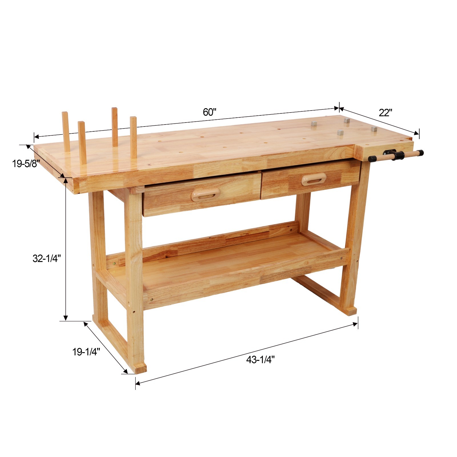 60" Rubberwood Workbench with 2 Drawers & Shelf for Garage & Workshop