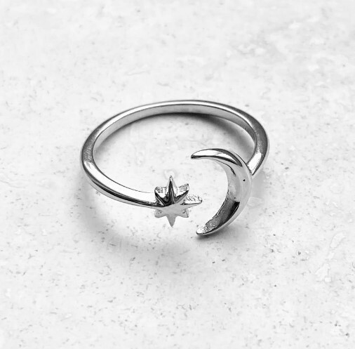 Women's Beautiful Solid Metal Star & Moon Toe Ring White Gold Plated Silver