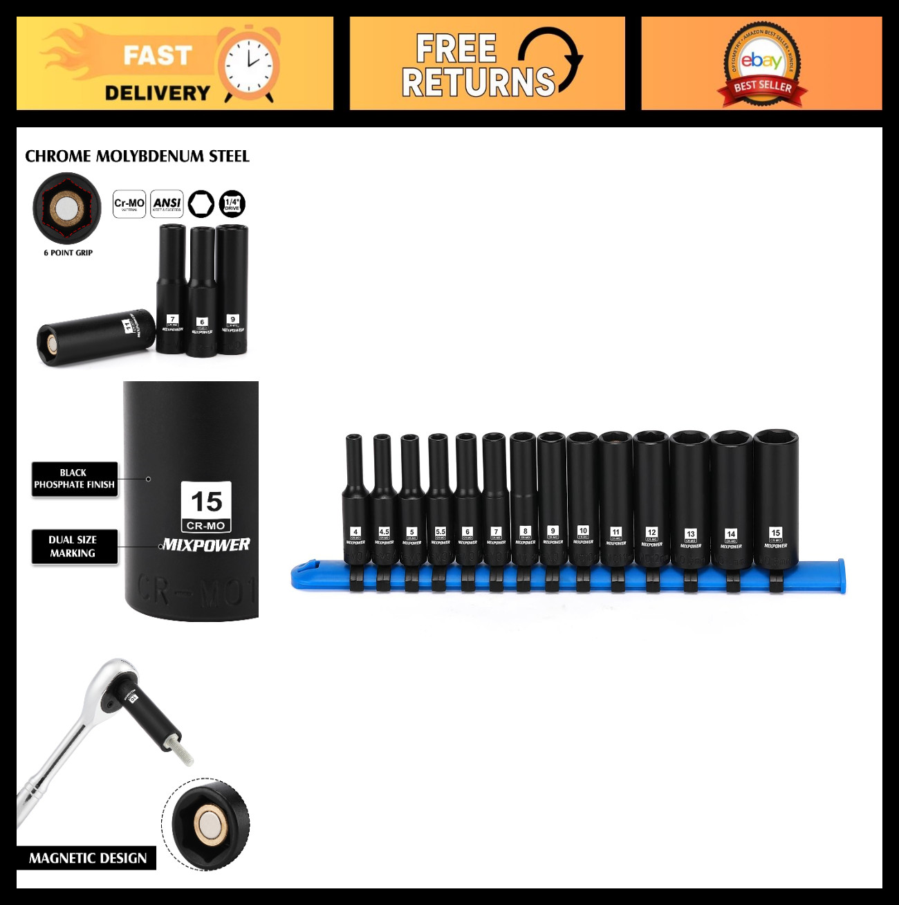 14-Piece 1/4" Drive Deep Magnetic Impact Socket Set, 6 Point, 4-15mm, Metric Sto