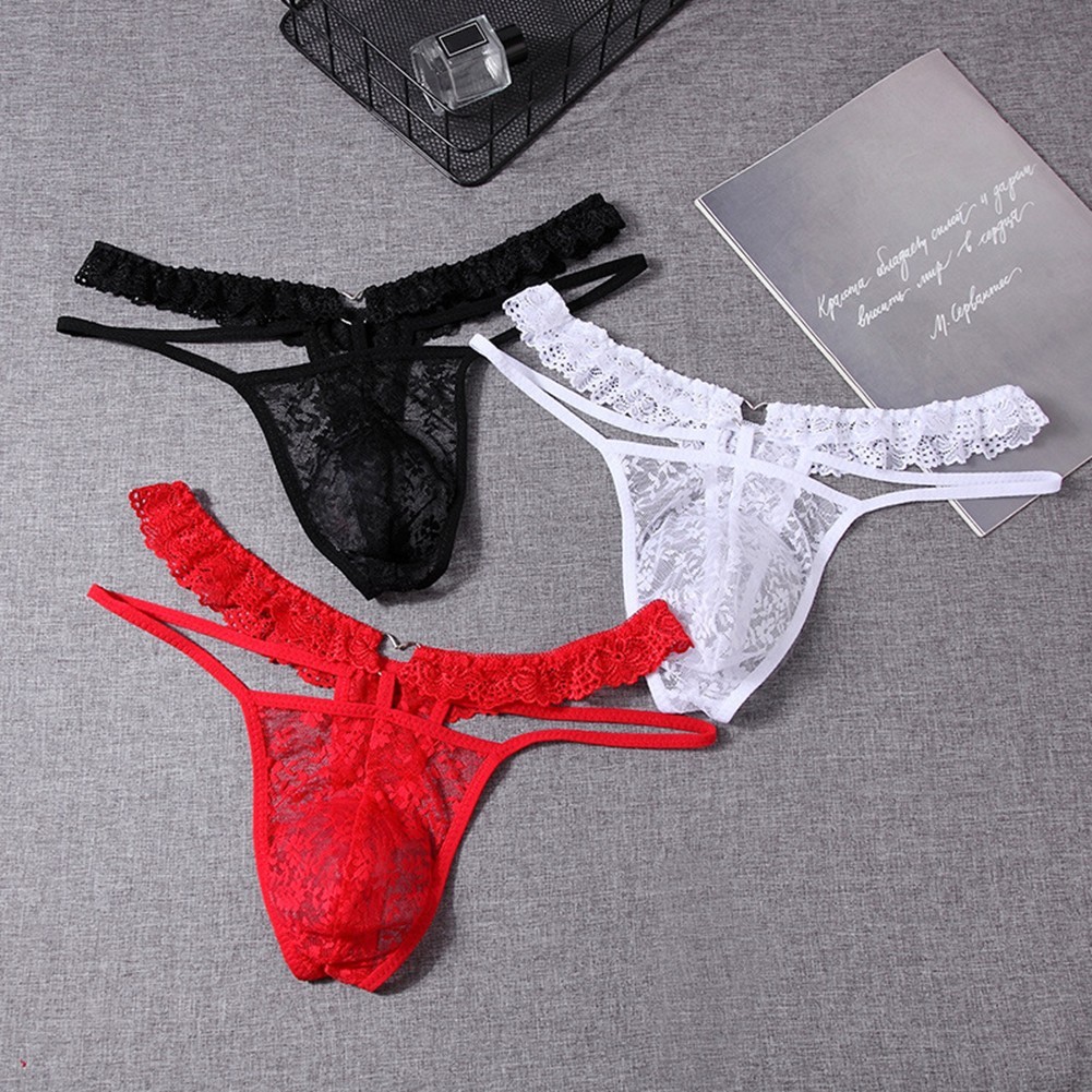 Men's Solid Color Lace G String with T-Back Style and U Pouch for Men Only