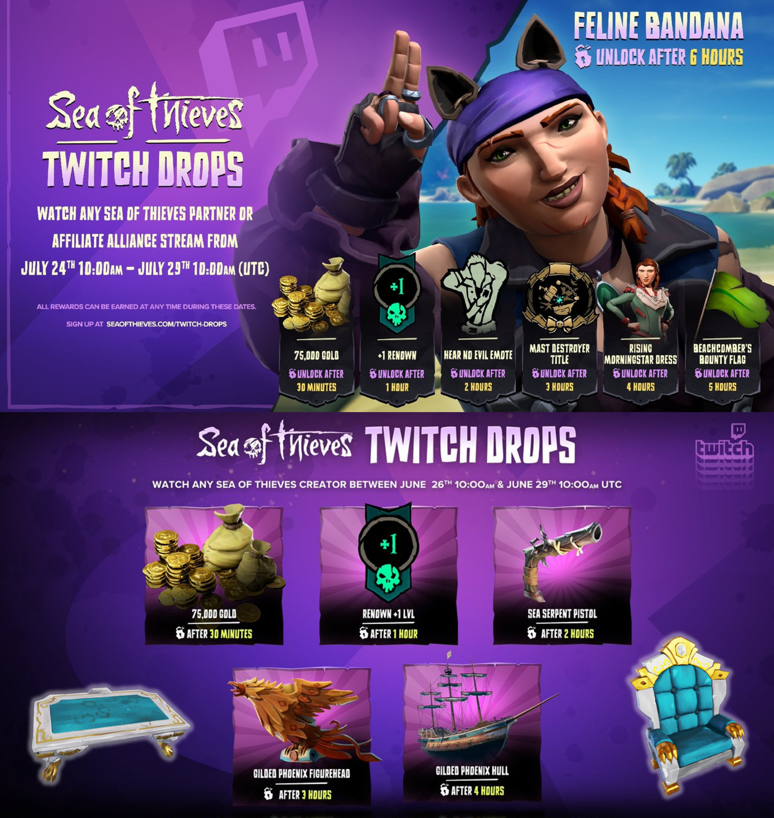 Sea of Thieves Twitch Drops - July Drops - Items + Emote + 150k Gold - All 14