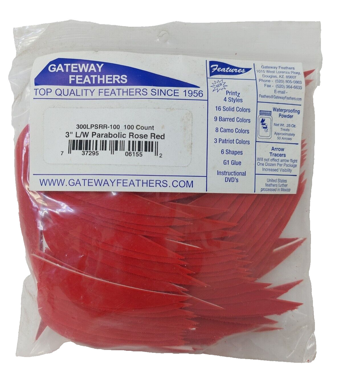 100 Pack Gateway Feathers 3" Left Wing: Parabolic Rose Red 300LPSRR-100