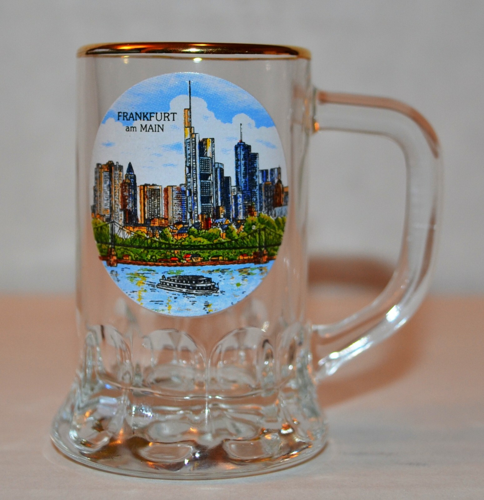 FRANKFURT GERMANY AM MAIN SHOT GLASS STEIN SOUVENIR GOLD RIMMED