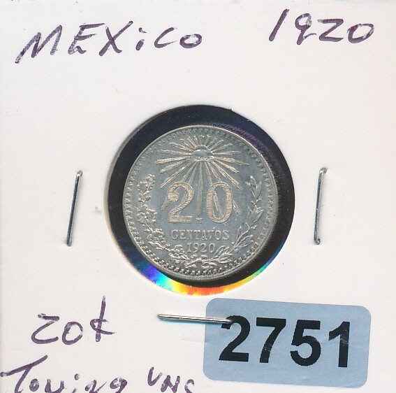 MEXICO -  20 centavos - 1920 SILVER - TONING UNC. - #2751