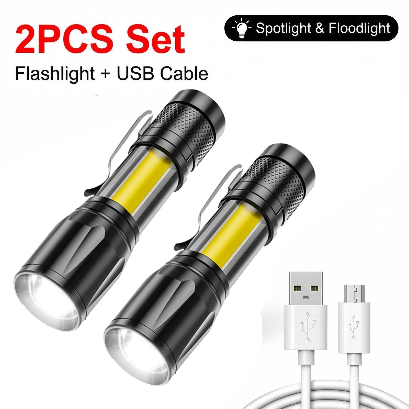 1/2pcs LED Flashlight  Light Super Bright Torch USB Rechargeable COB