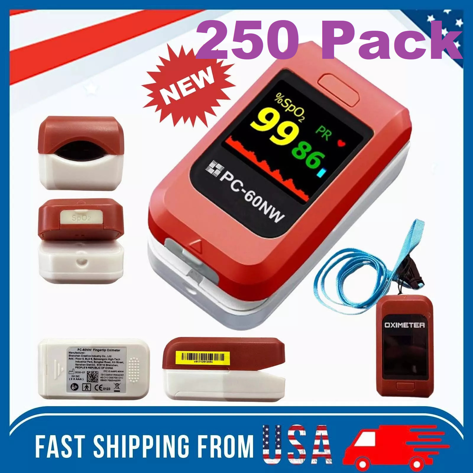 250 Pack Fingertip Pulse Oximeter  Blood Oxygen Meter SpO2 PR Heart Rate Monitor