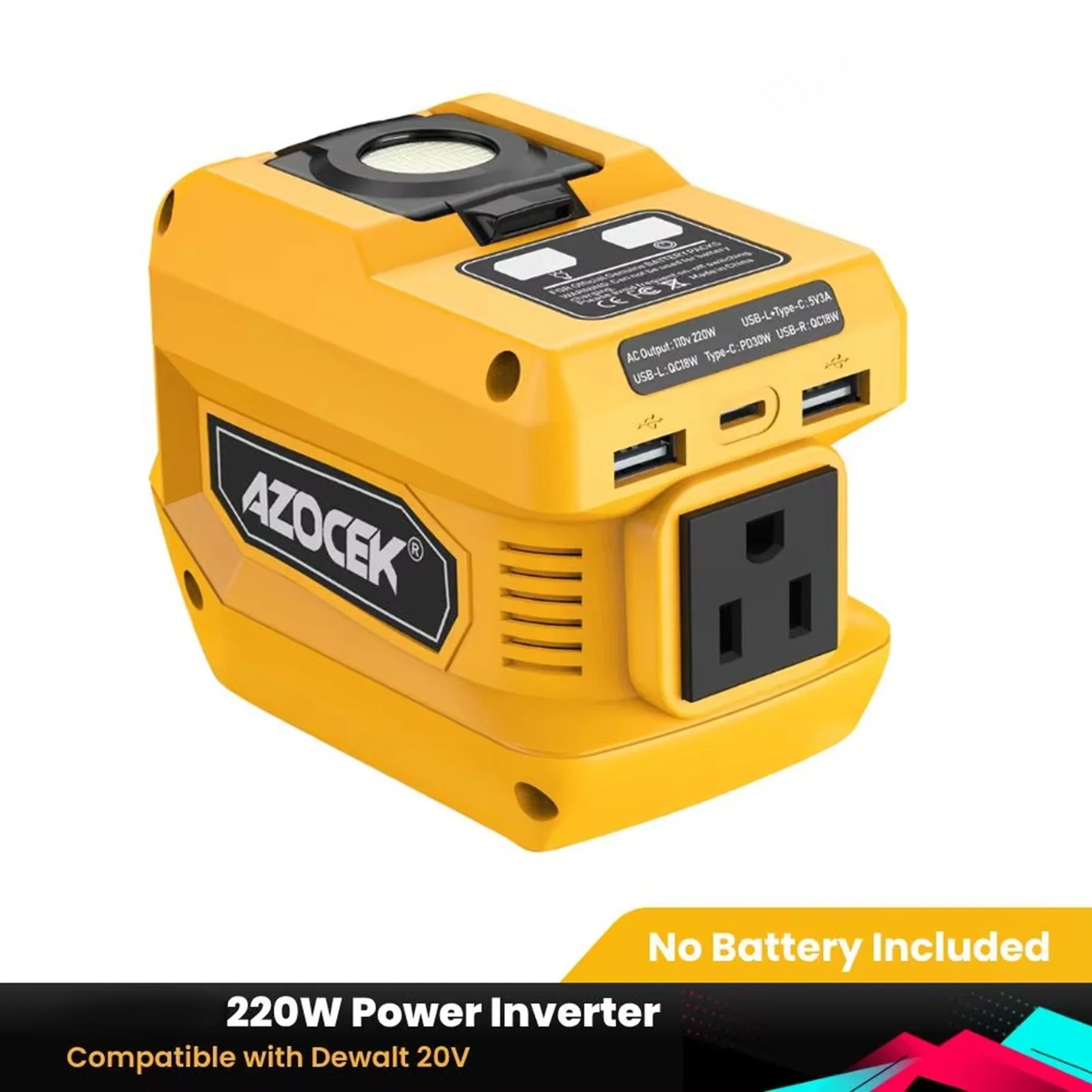 New 220W Power Inverter for Dewalt 20V Battery, DC 20V To AC 110V, with 4 Output