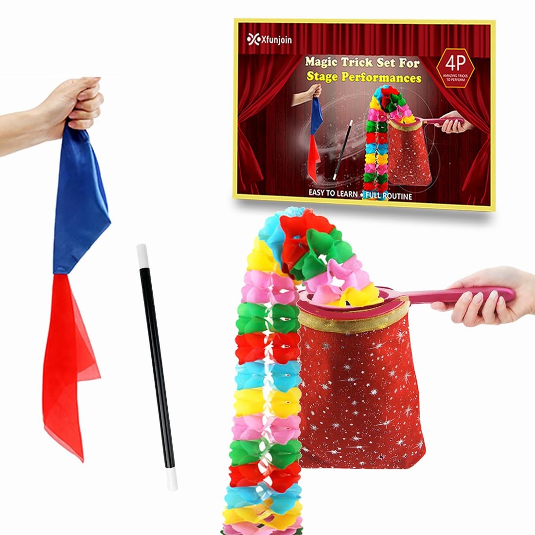 Xfunjoin 4Pcs Christmas Magic Trick Set for Stage Shows | Holiday-Themed Red